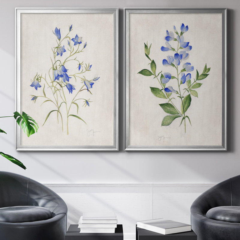 «Blue Botanical I», ensemble de 2 reproductions d'art, H 22,5 po x l 61 po x P 1,5 po, Toile encadrée argentée, Pas de tapis
