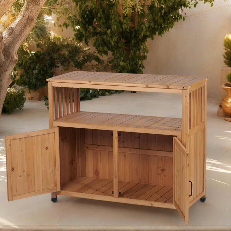 Wooden Patio Bar Table Set with Storage, Buffet Cabinet Sideboard for Outdoor and Indoor, Light Brown