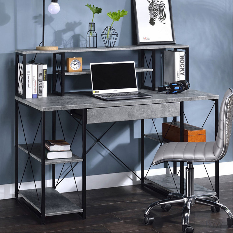 Bureau d'écriture avec un tiroir et 8 compartiments ouverts, noir, White/White+Black