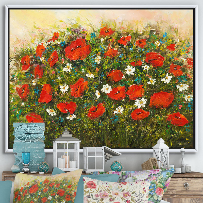 Blossoming Red Flower Fields - reproduction d'art sur toile, Toile blanche encadrée, H 36 po x l 46 po x 1,5 po