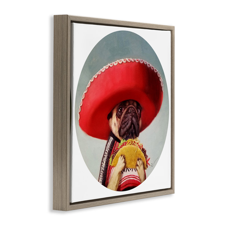 «Pug in Sombrero» par Lucia Heffernan, H 18 po x l 18 po, Cadre flottant orme Montalcino