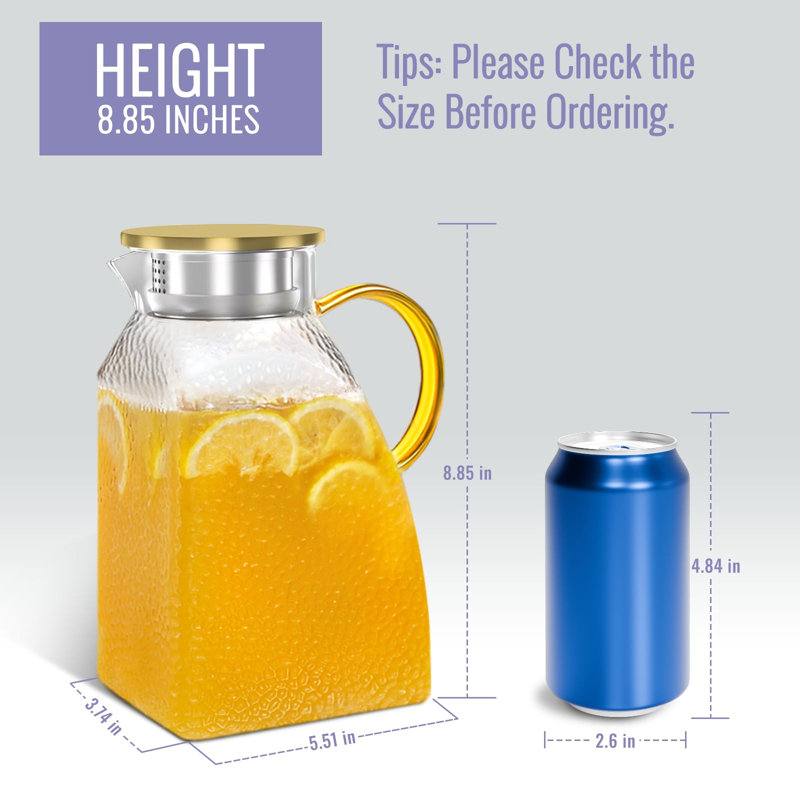 Pichet à eau en verre de 1,7 L (60 oz) avec couvercle, bec verseur et poignée, sans BPA