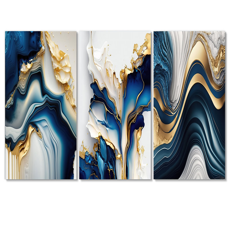 Géode abstraite, or et marbre bleu II - ensemble d'art mural moderne de 3, H 28 po x l 36 po x P 1 po