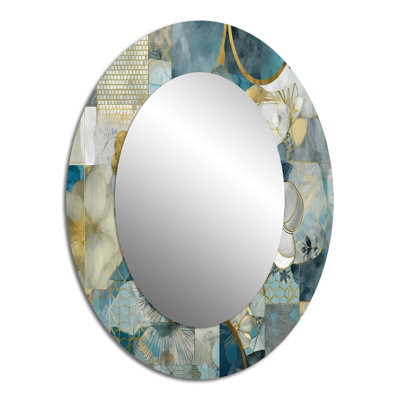 Golden Blue Marble Floral Design II - Traditional Oval Wall Mirror