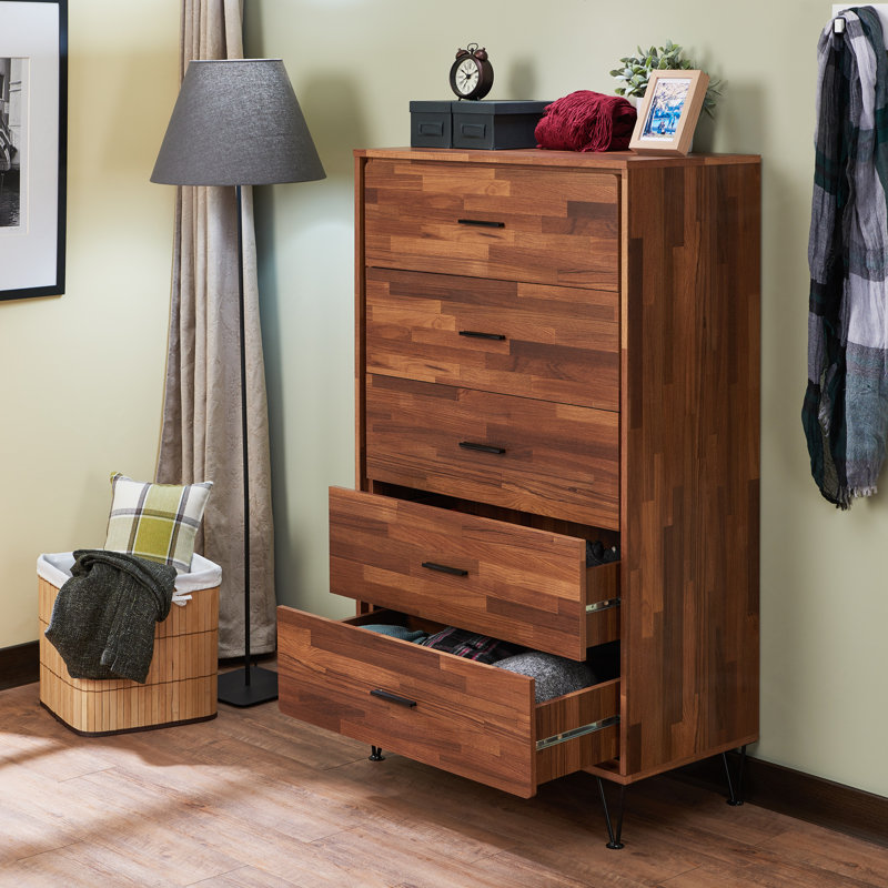 Finney 5-Drawer Chest with Metal Leg, Walnut