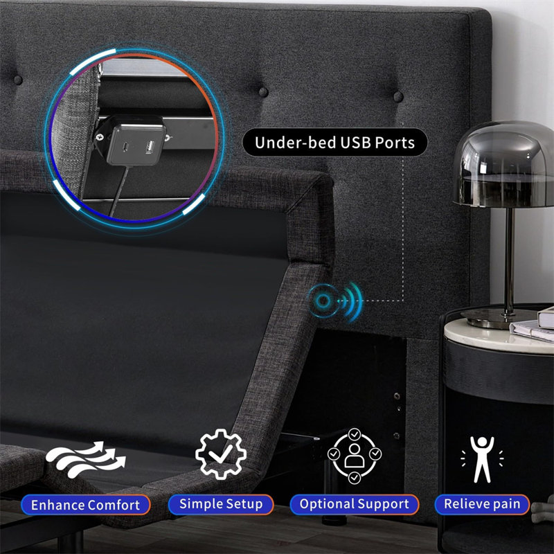 Adjustable Bed Frame With Thickened Frame, Head And Foot Lift, Head-Pillow-Tilt, Adjustable Beds With Smart App Control, Massage, Zero Gravity, Anti-Snore, Wireless Remote,Usb Ports