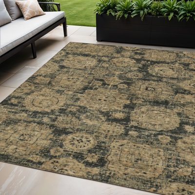 Tapis d'intérieur lavable floral doré et brun clair 5 pi x 8 pi