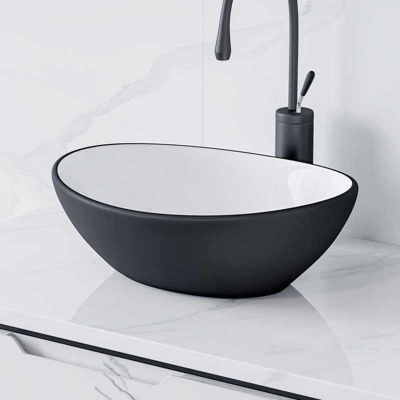 Lavabo de salle de bain vasque ovale en porcelaine vitrifiée blanc / noir mat L 16 po x l 13 po Eclisse, White/Matte Black