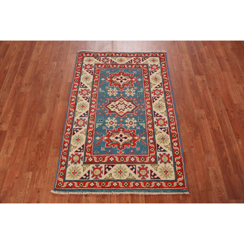 Tapis bleu en laine fait à la main Kazak 3 x 4