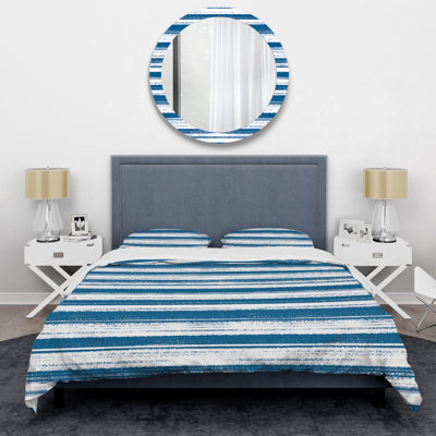 Blue and White Grunge Striped - Abstract Duvet Cover Set - Microfiber Polyester