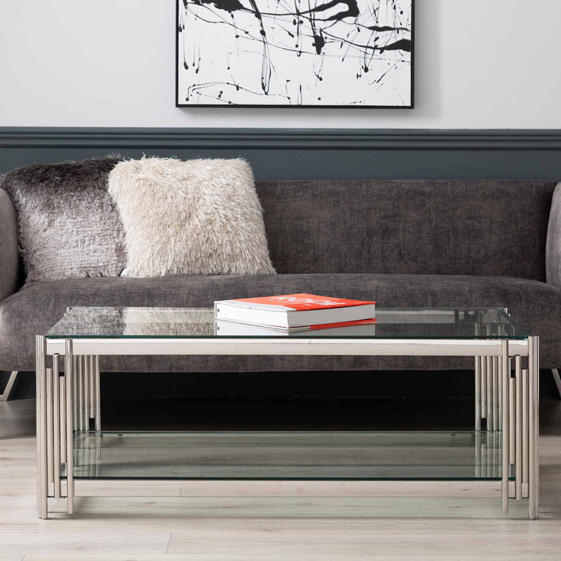 Drye Coffee Table with Storage, Silver, Clear