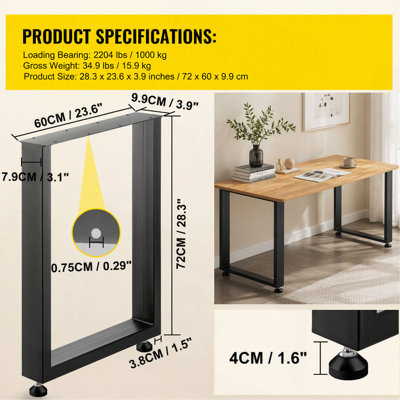 Ensemble de 2 pieds de table en acier, hauteur 71 cm, largeur 61 cm, pattes de table à manger robustes en acier à section carrée de 8 cm de largeur, pattes de table en métal de style industriel et champêtre de 71 x 61 x 8 cm