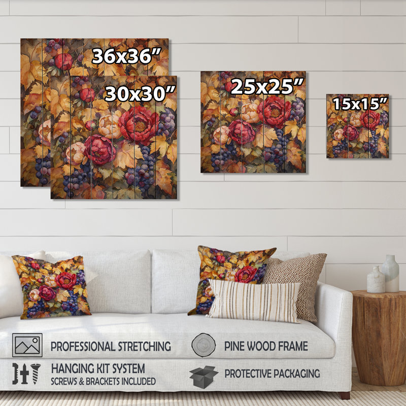 Pivoines et vigne d'automne III - Décoration murale en bois de pivoines - sur bois de pin naturel