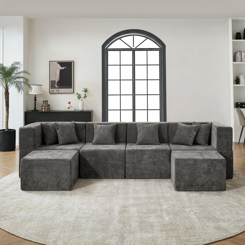 129" Modern Minimalist U/L Shaped Modular Cloud Sectional Sofa with 2 Ottomans, Boneless Deep Seat Couch for Living Room, No Assembly Required