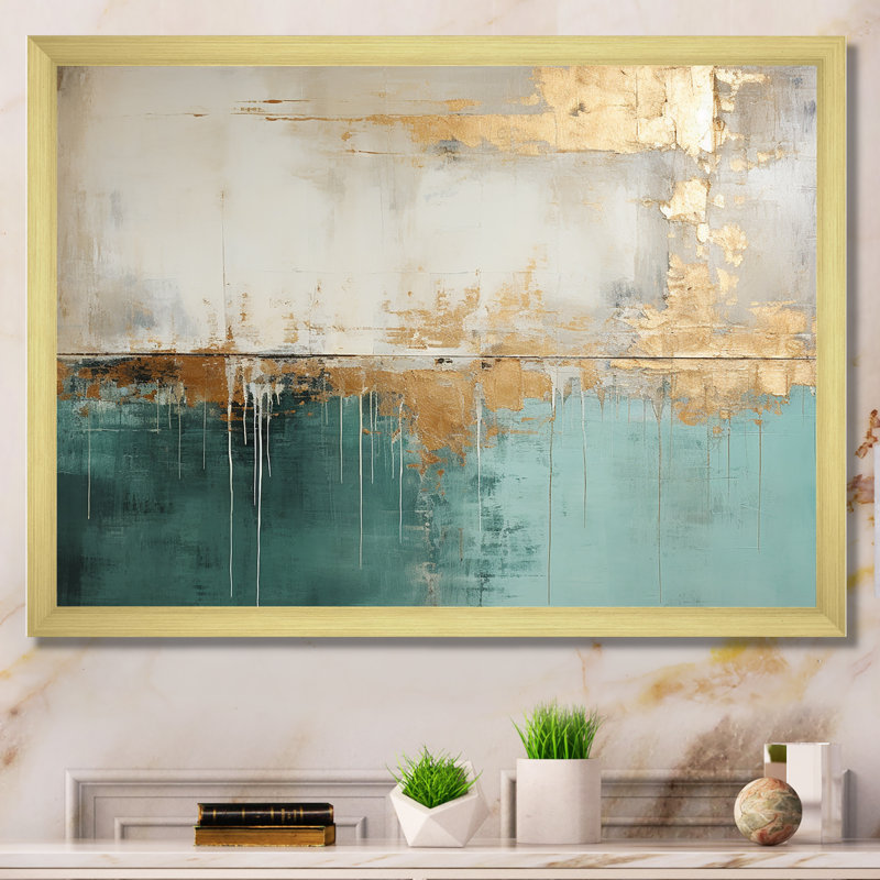 Minimalism Gold And Teal Horizon - Abstract Canvas Prints, 30" H x 40" W, Floater Framed Print, Black