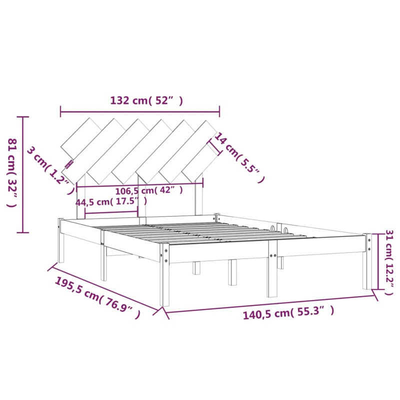 Bed Frame Solid Wood, black, Double (4'6)