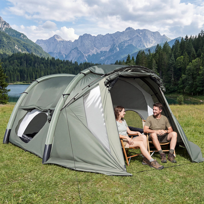 Tente de camping gonflable avec véranda, moustiquaire et fenêtres transparentes, porte