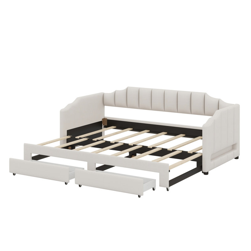 Extendable Upholstered Daybed With Storage Drawers And LED Light, Beige