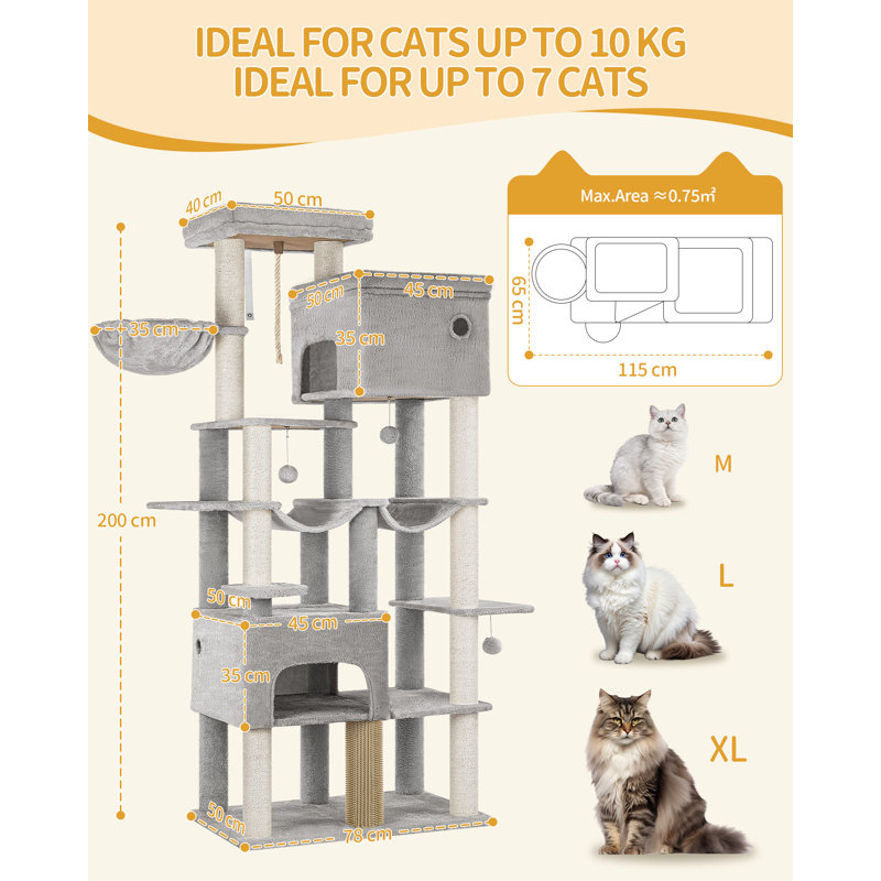 Arbre à chat, arbre à chat XXL 78,7 po avec 10 poteaux à griffer, 2 grottes, 2 hamacs, grande plateforme, brosses à chat, panier, arbre à chat robuste pour Maine Coons, grands chats, gris clair