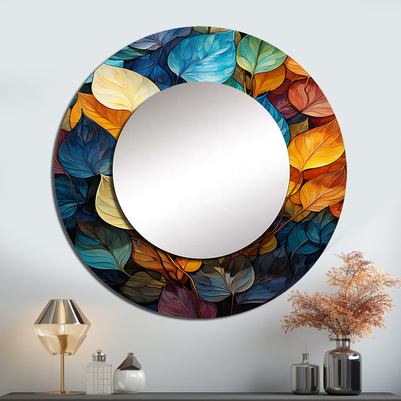 Sevina, feuilles colorées magiques I - décor de miroir mural unique, grand miroir rond traditionnel, impression d'art en métal