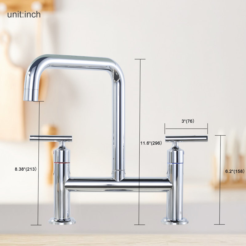 Double Handle 8 Inch Bridge Kitchen Faucet, High Arc Solid Brass 2-Hole Ktichen Faucet, Chrome