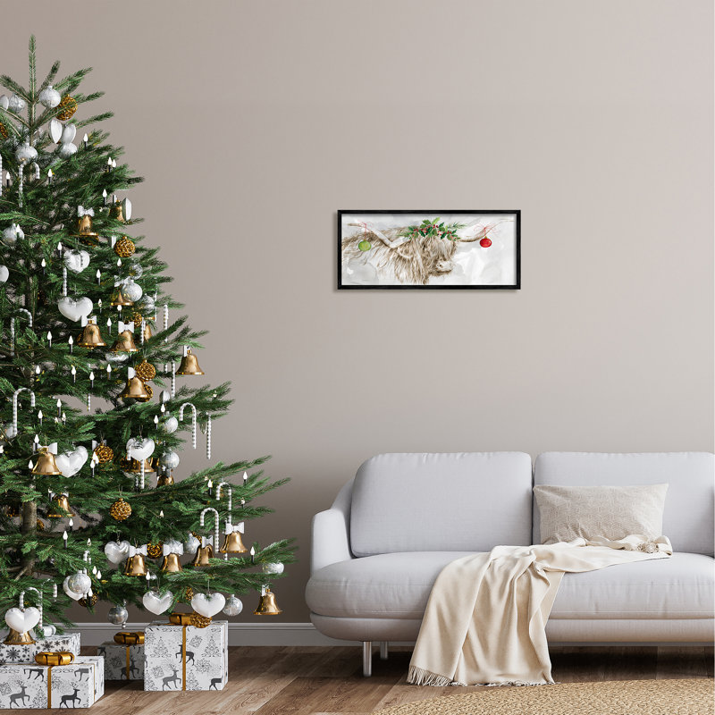 Bétail avec des décorations de Noël par Carol Robinson, Giclée encadrée noir minuit, H 10 po x l 24 po x P 1,5 po
