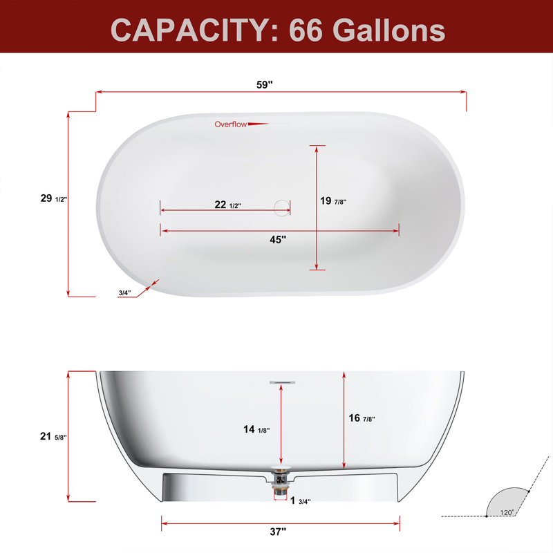 59" x 30" Freestanding Soaking Solid Surface Bathtub with Drain