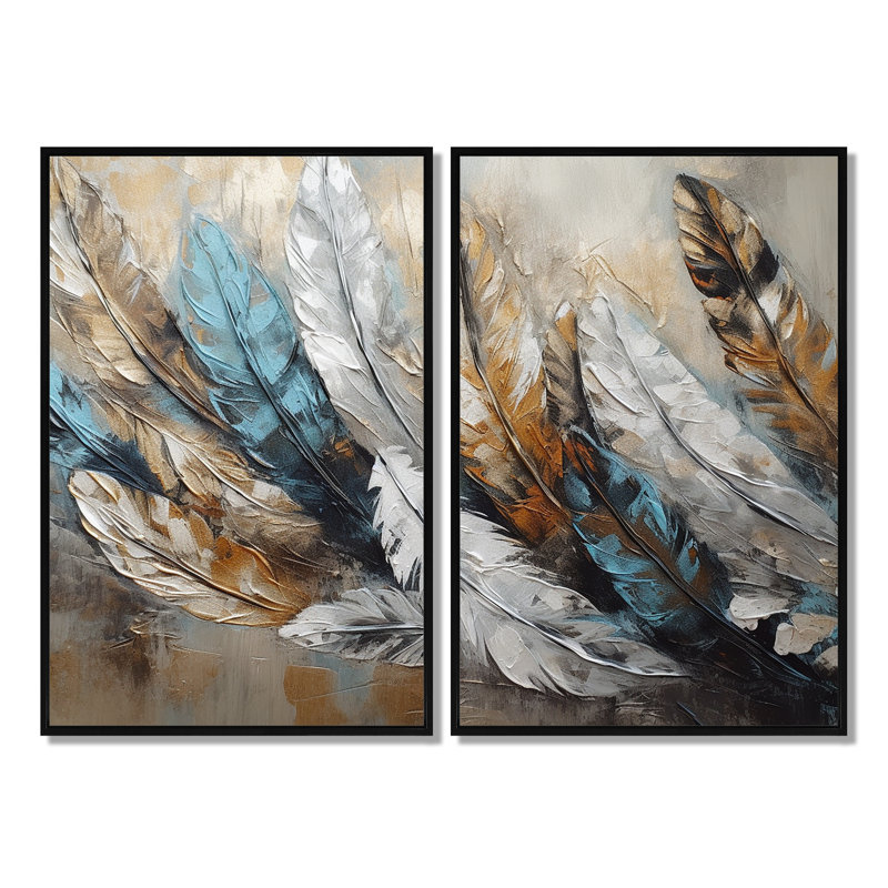 «Gold Feather Extravaganza II», art mural moderne doré, 36" H x 48" W, Impression encadrée flottante, Black