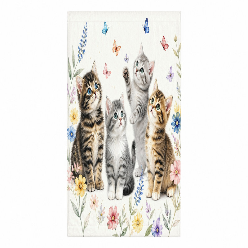 1Pcs Cute Kittens Beach Towel, featuring playful surrounded by colorful flowers and butterflies. Soft microfiber, ideal for, swimming, travel, home decor, unisex.