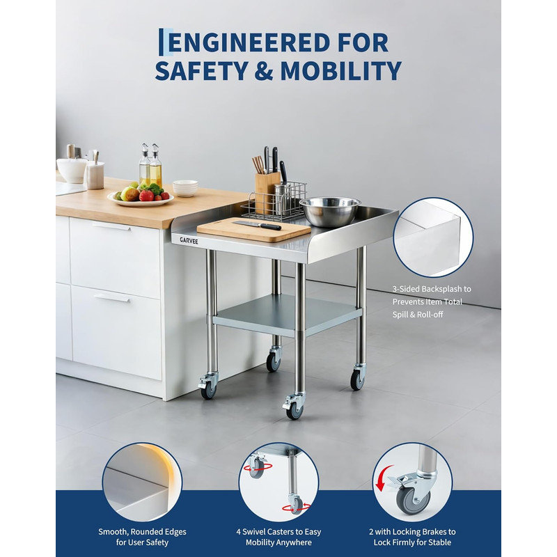 Mobile Stainless Steel Prep Table with Splash Guard & Undershelf, Heavy Duty Commercial Kitchen Cart, 26" H x 30" L x 24" W