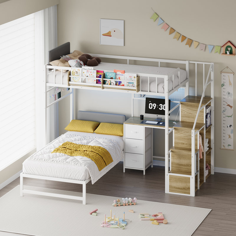 Loft Bunk Bed with Desk, Stairs, Drawers and Storage Shelves, L-Shaped Metal Bunk Bed with Charging Station and LED Light