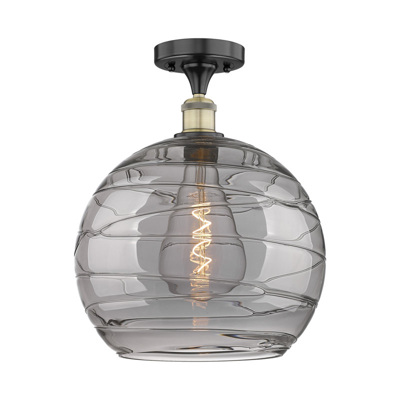 Plafonnier semi-encastré 1 lumière 13,75 po Cindi, Noir/laiton antique, H 15,25 po x l 12 po x P 12 po, Gris fumée clair