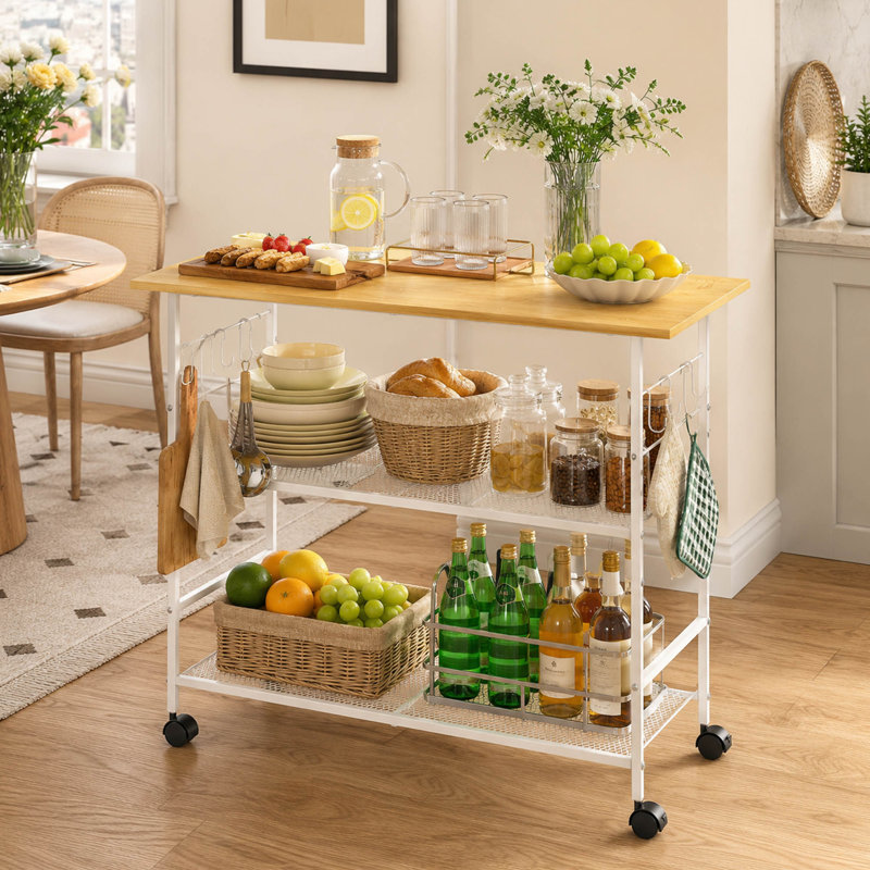 Chariot pour îlot de cuisine roulant, 3 tablettes, crochets et roues verrouillables, Beige