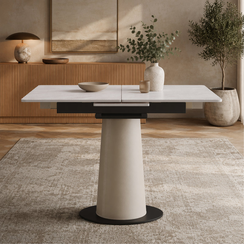 Table de salle à manger rétractable à dalle de roche pliante, table carrée extensible moderne avec base en acier inoxydable revêtue de cuir, table de cuisine à double usage pour les petits appartements
