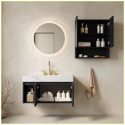 Meuble-lavabo flottant mural 36 po + 36 po avec lavabo, comptoir en pierre frittée blanc Carrara et lavabo en céramique, noir, 3 trous pré-percés