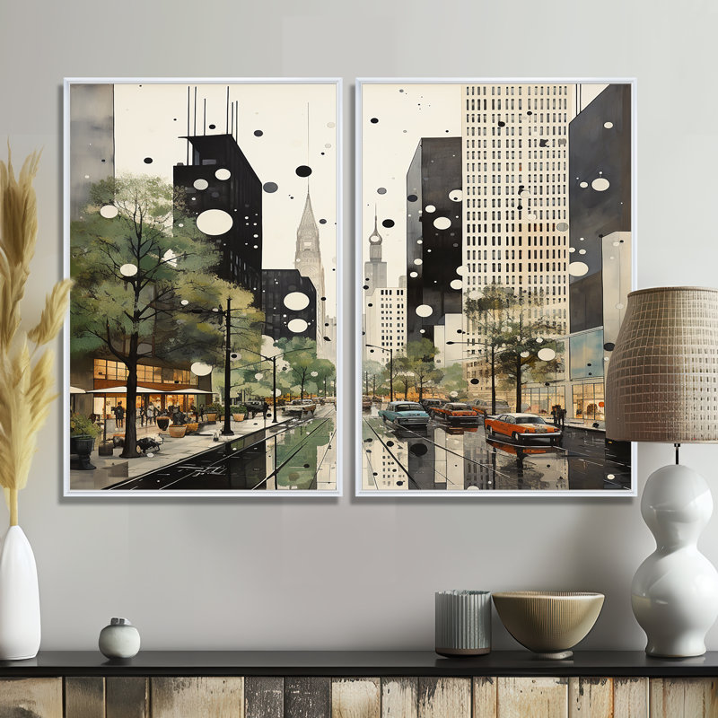 Élégance architecturale grise et verte Mid Century, 36" H x 48" W, Impression encadrée flottante, White