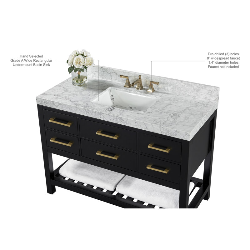 Elizabeth 48'' W Single Vanity, Black Onyx/Brushed Gold, Carrara White Marble
