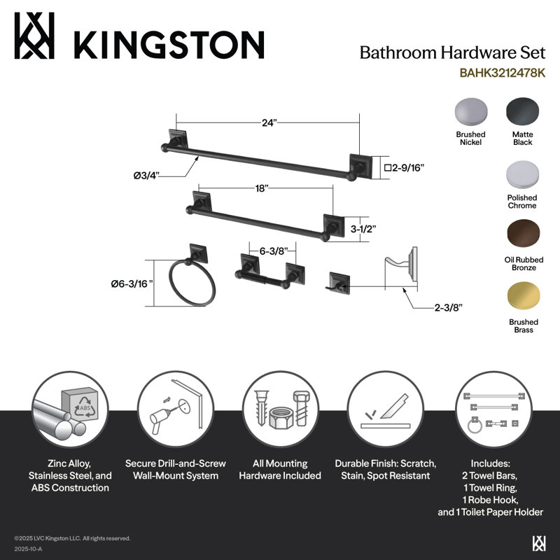 Kingston Brass Serano 5-Piece Bathroom Hardware Set, Brushed Nickel