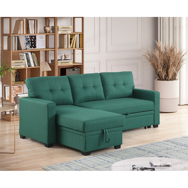 Canapé modulaire convertible rembourré avec méridienne coulissante, Lin vert, Face à la gauche