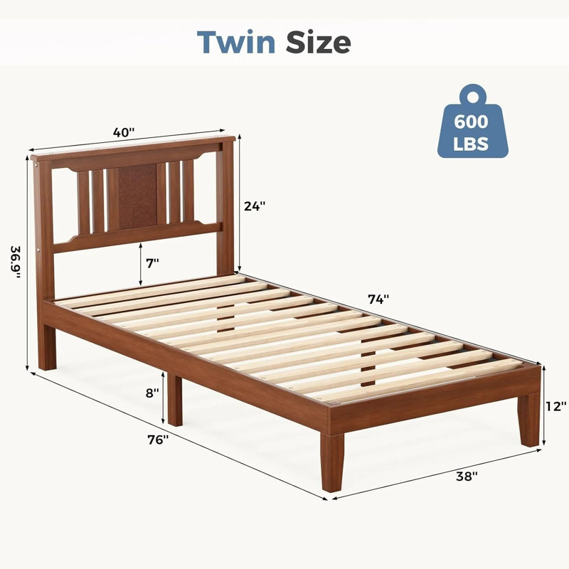 Loronda Mid Century Solid Wood Platform Bed with Headboard, Wood Slat Support, No Box Spring Needed, Twin, Brown