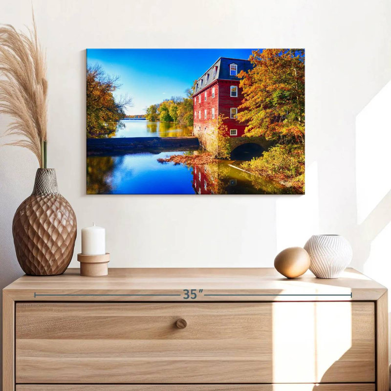 Alvord Kingston Mill, automne pittoresque surplombant le lac, H 16 po x l 24 po