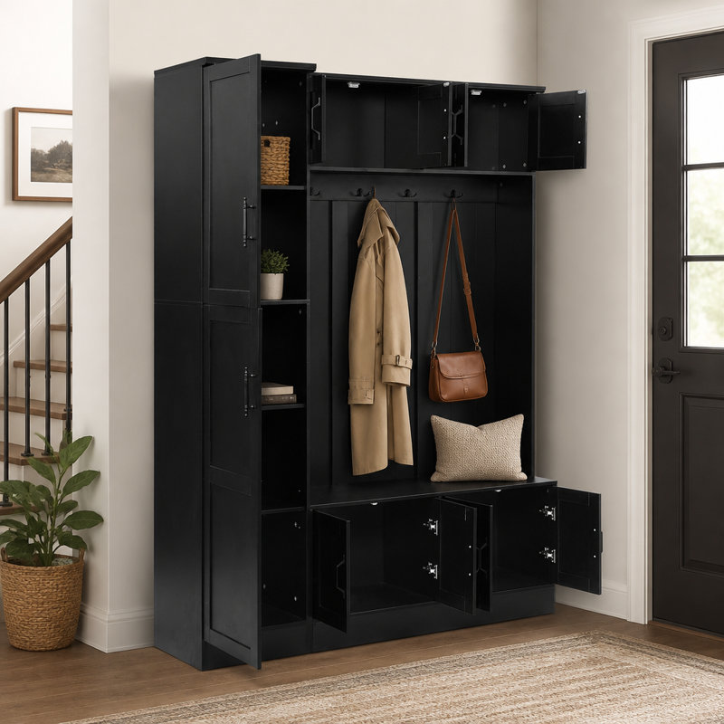Hall Tree with Shoe Storage, 4 Coat Hooks and Adjustable Shelf