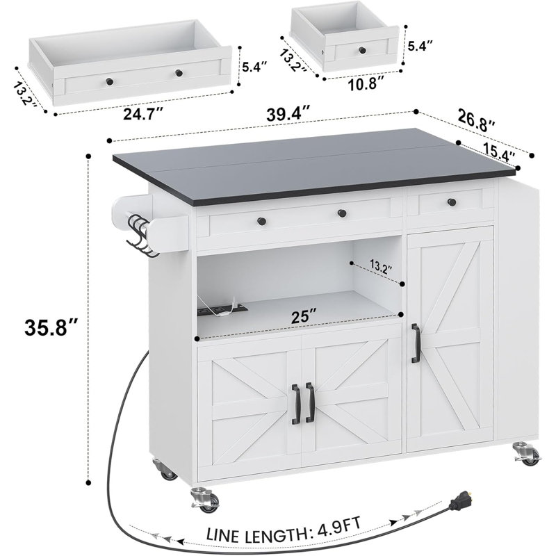 White Rolling Kitchen Island with Drop Leaf and LED Light