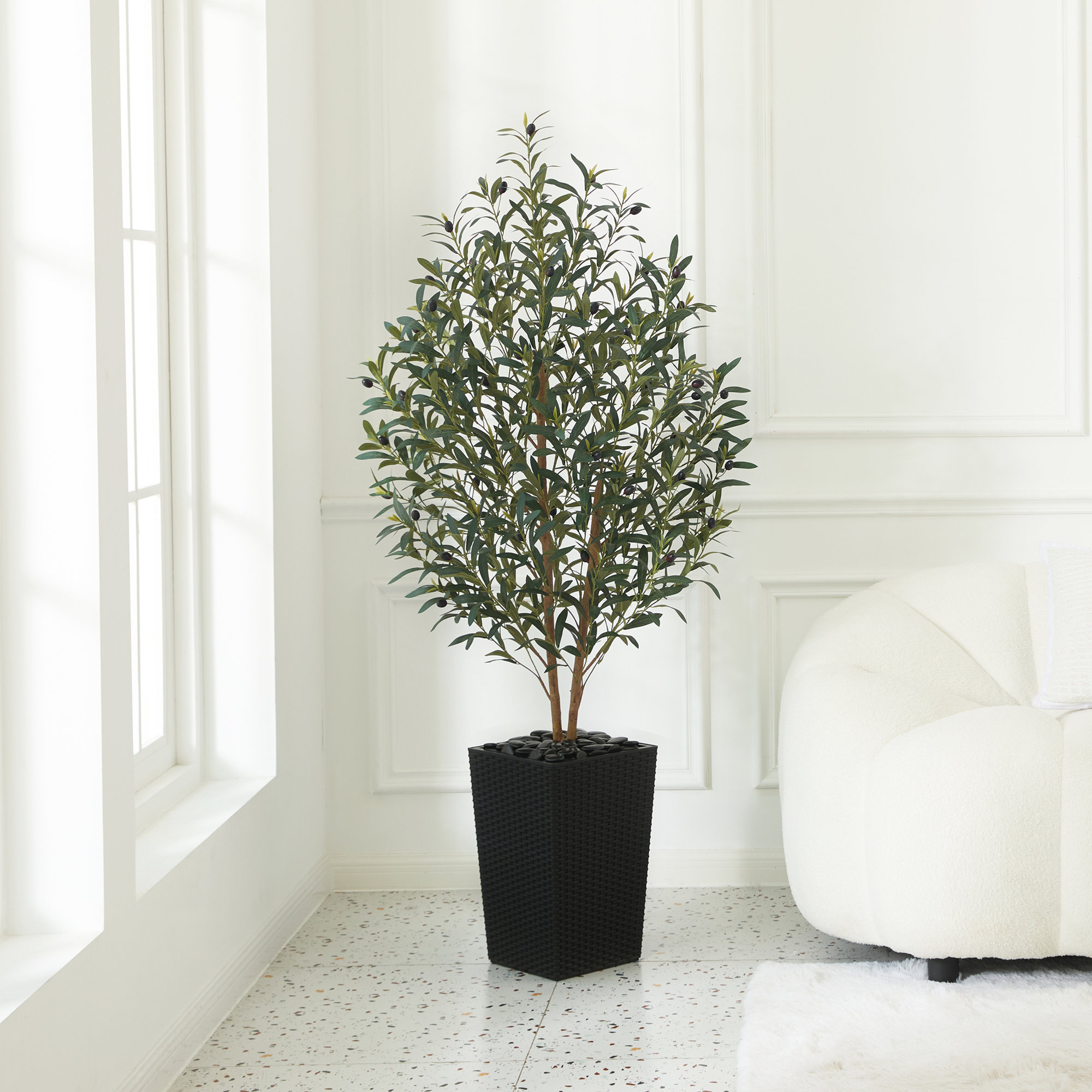 George Faux Olive Tree with UV Protection, 2 Natural Tree Trunks, Large Decorative Potted Olive Tree, Black