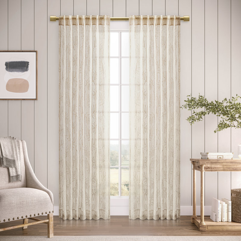 Oatmeal Sheer Leaf Embroidered Rod Pocket Curtain Panel