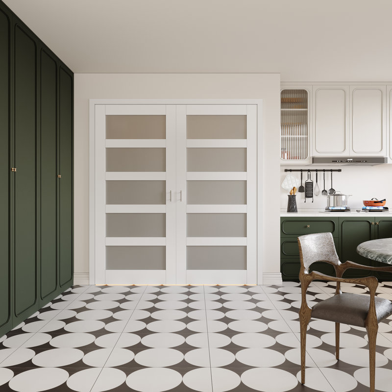 Porte intérieure à 5 carreaux en verre dépoli, portes françaises en MDF CARB P2 et verre trempé SGCC, quincaillerie en nickel satiné (loquets à bille, charnières et poignées), préfinie et imperméable, garde-manger, chambre, salle de bain et placard, teinture facile à appliquer soi-même, sans cadre, 183 cm x 203 cm