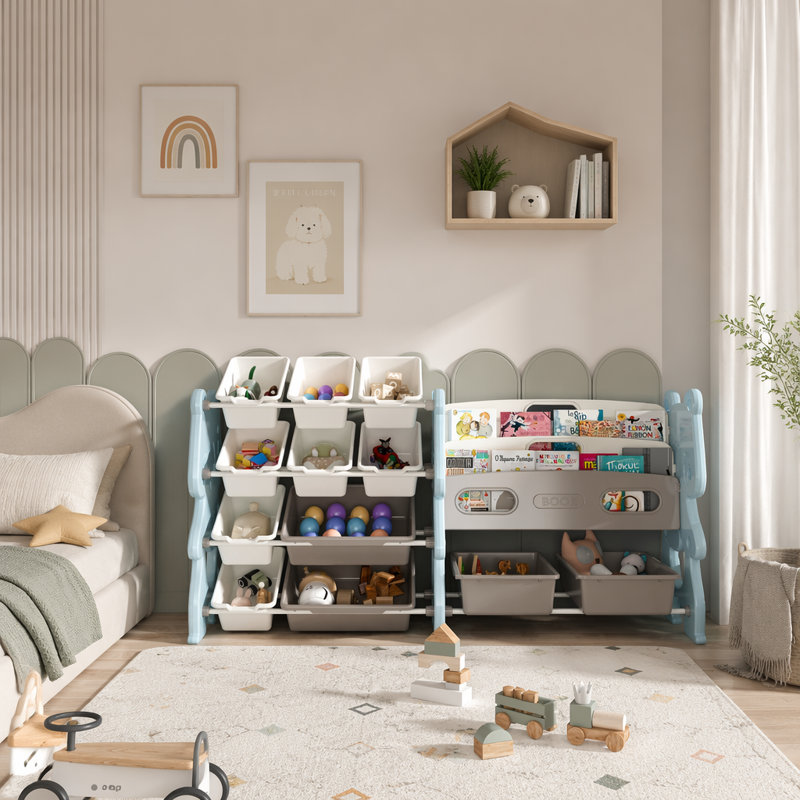 Organisateur de rangement pour jouets pour enfants avec bibliothèque à 2 niveaux, 12 bacs et conception multifonctionnelle pour les salles de jeux et les chambres bien rangées