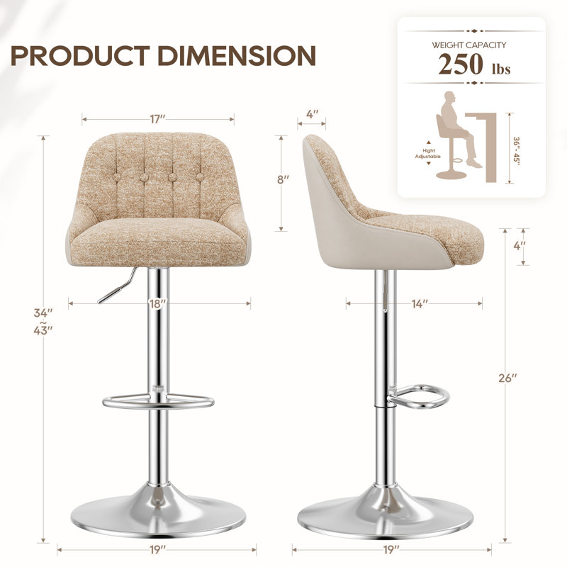 Upgraded Adjustable Swivel Bar Stools  -  Faux Leather & Fabric Upholstered Counter Height Stools with Chrome Base for Kitchen Island, Bar