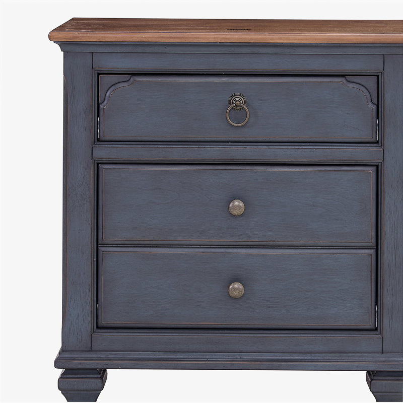 Table de chevet 3 tiroirs, aucun assemblage requis, finition bleu velours côtelé