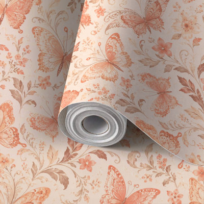 Papier auto-adhésif à peler et coller Papillon floral rose pastel à symétrie complexe auto-adhésif et amovible 17,7 po x 118 po (45 x 300 cm)